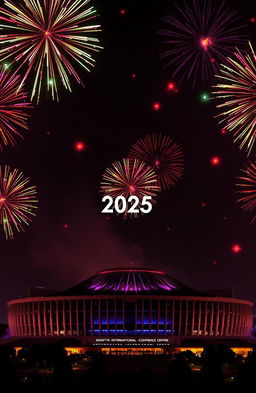 A stunning New Year 2025 celebration scene in Nairobi, Kenya, featuring vibrant fireworks exploding in the night sky above the iconic Kenyatta International Conference Centre