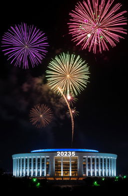 A stunning New Year 2025 celebration scene in Nairobi, Kenya, featuring vibrant fireworks exploding in the night sky above the iconic Kenyatta International Conference Centre