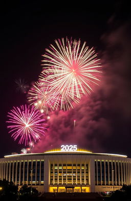 A stunning New Year 2025 celebration scene in Nairobi, Kenya, featuring vibrant fireworks exploding in the night sky above the iconic Kenyatta International Conference Centre