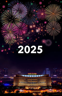 A spectacular New Year 2025 celebration scene in Nairobi, Kenya, featuring vibrant fireworks exploding in the sky above the iconic Kenyatta International Conference Centre
