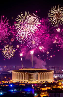 A spectacular New Year 2025 celebration scene in Nairobi, Kenya, featuring vibrant fireworks exploding in the sky above the iconic Kenyatta International Conference Centre