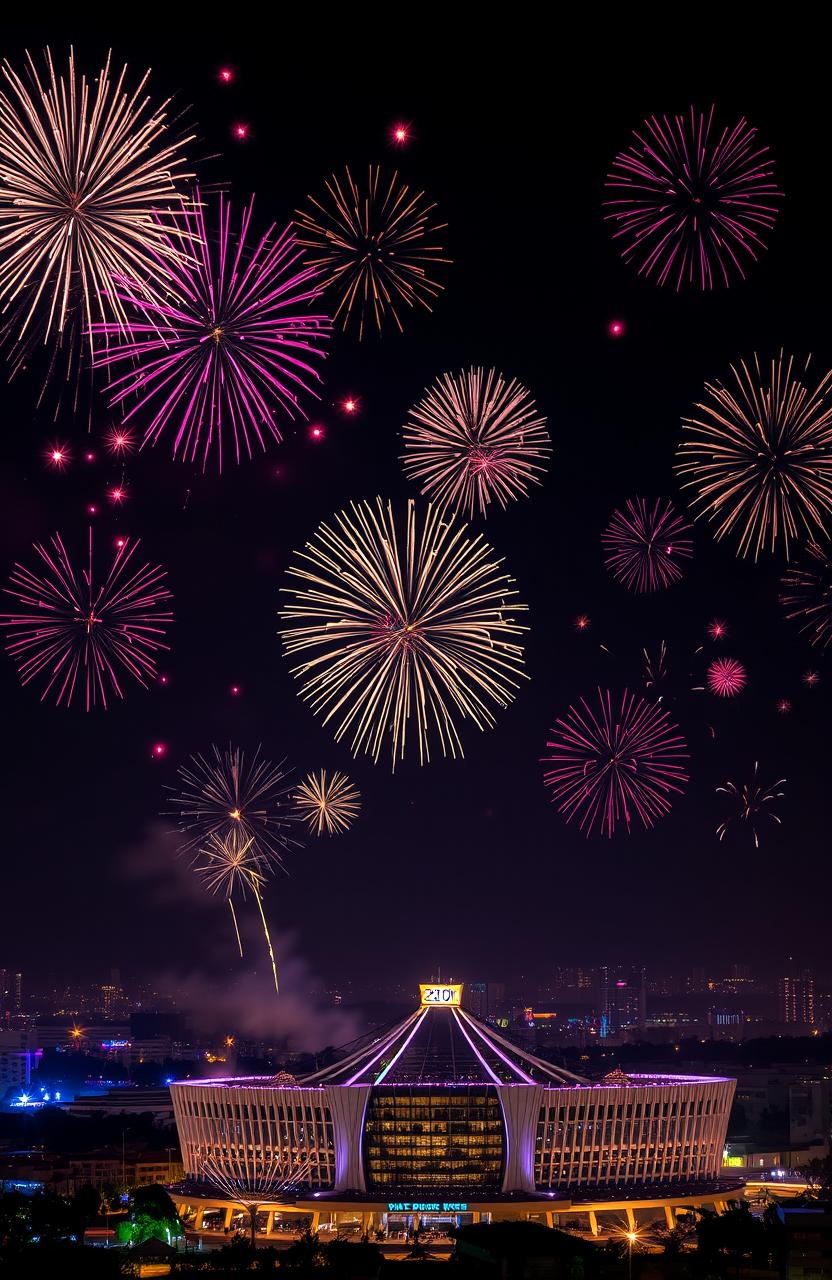 A spectacular New Year 2025 celebration scene in Nairobi, Kenya, featuring vibrant fireworks exploding in the sky above the iconic Kenyatta International Conference Centre