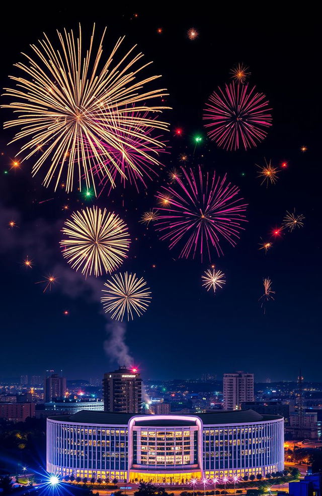 A spectacular New Year 2025 celebration scene in Nairobi, Kenya, featuring vibrant fireworks exploding in the sky above the iconic Kenyatta International Conference Centre