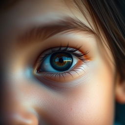 A close-up portrait of a girl with her eye beautifully open, showcasing striking details such as long eyelashes, a sparkling iris, and a reflection of light