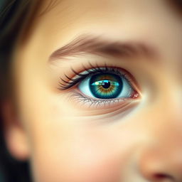 A close-up portrait of a girl with her eye beautifully open, showcasing striking details such as long eyelashes, a sparkling iris, and a reflection of light