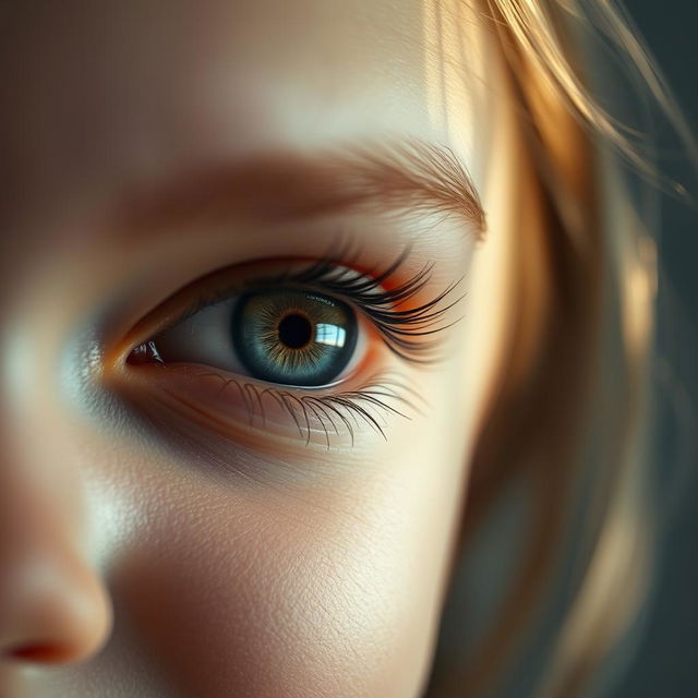 A close-up portrait of a girl with her eye beautifully open, showcasing striking details such as long eyelashes, a sparkling iris, and a reflection of light