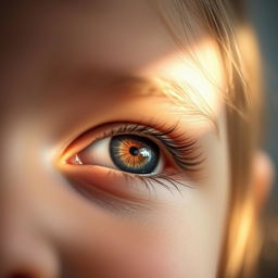 A close-up portrait of a girl with her eye beautifully open, showcasing striking details such as long eyelashes, a sparkling iris, and a reflection of light