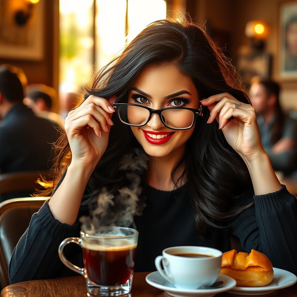 A beautiful woman with flowing dark hair, striking features, and an engaging smile, sitting at a cozy cafe table