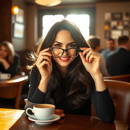 A beautiful woman with flowing dark hair, striking features, and an engaging smile, sitting at a cozy cafe table