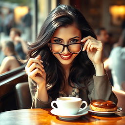 A beautiful woman with flowing dark hair, striking features, and an engaging smile, sitting at a cozy cafe table