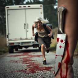 A tense and dramatic scene featuring a white truck in the background and a woman with short, white hair flowing to one side, running frantically down a path splattered with blood