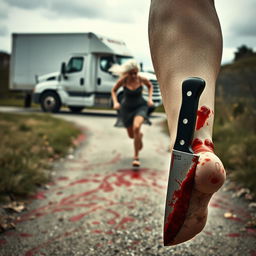 A tense and dramatic scene featuring a white truck in the background and a woman with short, white hair flowing to one side, running frantically down a path splattered with blood