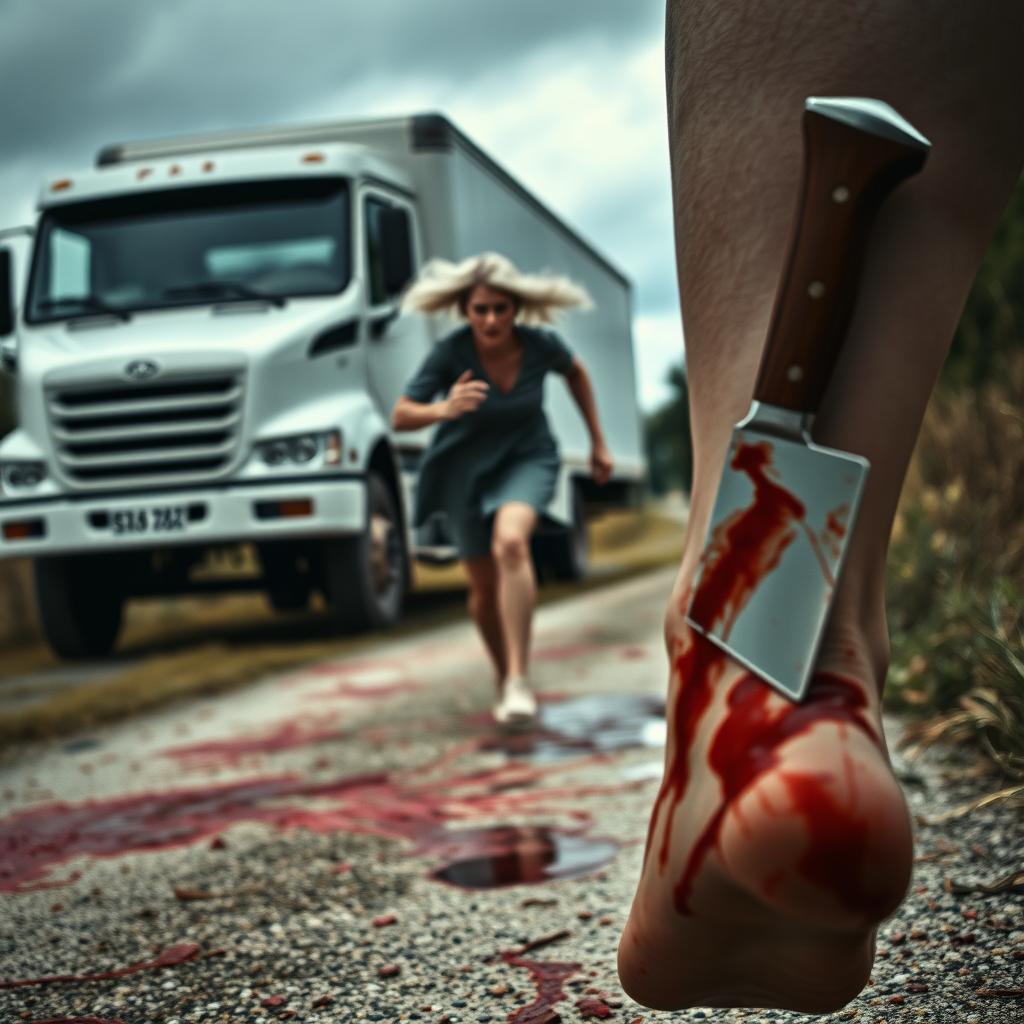 A tense and dramatic scene featuring a white truck in the background and a woman with short, white hair flowing to one side, running frantically down a path splattered with blood