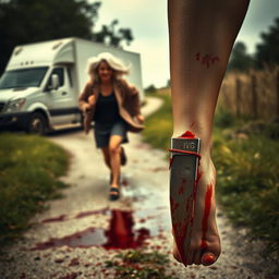 A tense and dramatic scene featuring a white truck in the background and a woman with short, white hair flowing to one side, running frantically down a path splattered with blood