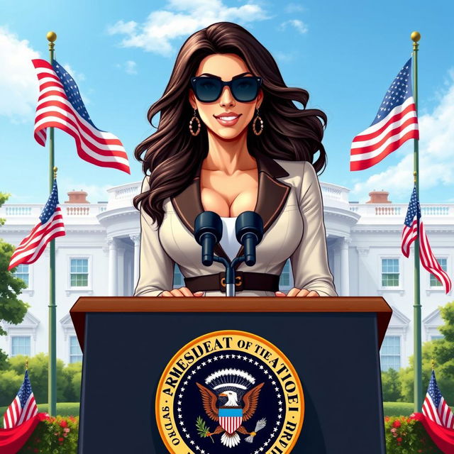 A creative illustration of Sunny Leone as the American president, standing confidently behind a presidential podium adorned with the presidential seal