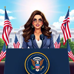 A creative illustration of Sunny Leone as the American president, standing confidently behind a presidential podium adorned with the presidential seal