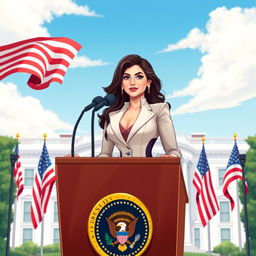 A creative illustration of Sunny Leone as the American president, standing confidently behind a presidential podium adorned with the presidential seal