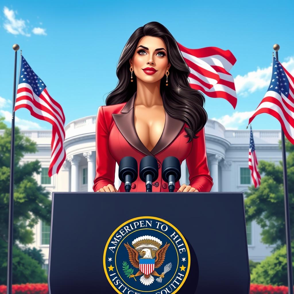 A creative illustration of Sunny Leone as the American president, standing confidently behind a presidential podium adorned with the presidential seal