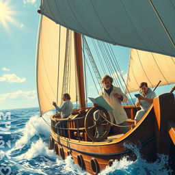 A striking ship navigating through a lively sea, symbolizing unity and progress