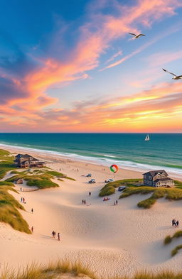 A picturesque view of the Outer Banks, North Carolina, showcasing serene sandy beaches, clear blue ocean waters, and lush dunes