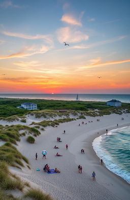 A picturesque view of the Outer Banks, North Carolina, showcasing serene sandy beaches, clear blue ocean waters, and lush dunes