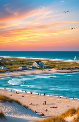 A picturesque view of the Outer Banks, North Carolina, showcasing serene sandy beaches, clear blue ocean waters, and lush dunes