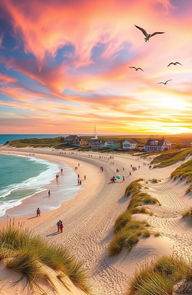 A picturesque view of the Outer Banks, North Carolina, showcasing serene sandy beaches, clear blue ocean waters, and lush dunes