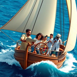 A majestic ship sailing through vibrant blue waters, symbolizing unity amidst life's challenges
