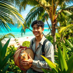 An artistic portrayal of Kim Taehyung (V from BTS) enjoying a serene day in Sri Lanka