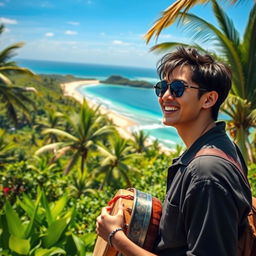 An artistic portrayal of Kim Taehyung (V from BTS) enjoying a serene day in Sri Lanka