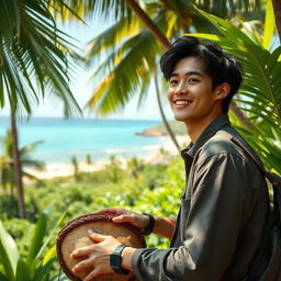 An artistic portrayal of Kim Taehyung (V from BTS) enjoying a serene day in Sri Lanka