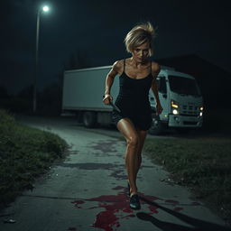 A nighttime scene featuring a white truck in the background under a dimly lit sky