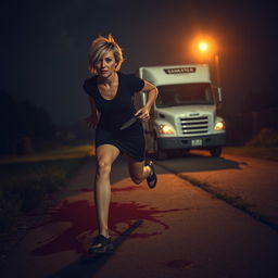 A nighttime scene featuring a white truck in the background under a dimly lit sky