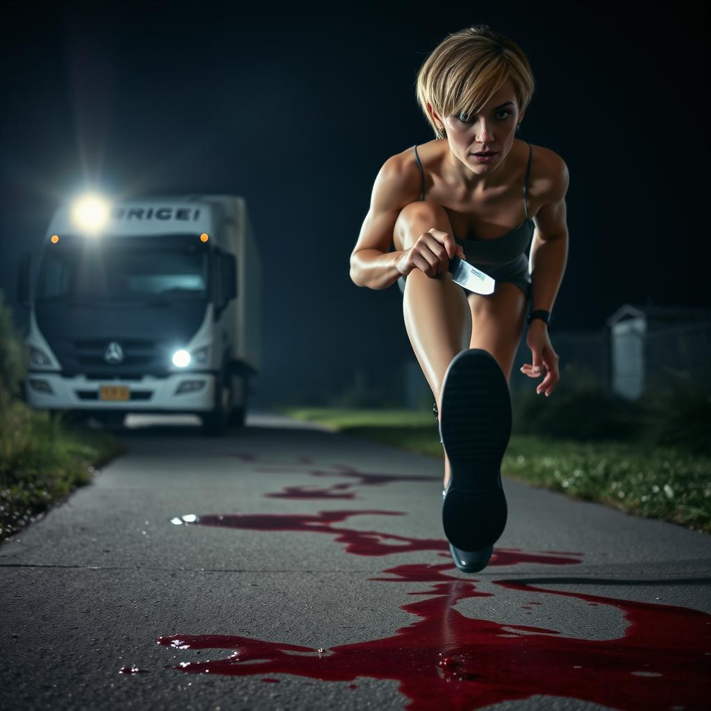 A nighttime scene featuring a white truck in the background under a dimly lit sky