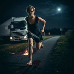 A nighttime scene featuring a white truck in the background under a dimly lit sky
