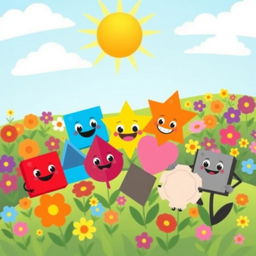 An illustration of a sunny landscape filled with vibrant flowers in a variety of colors, under a clear blue sky