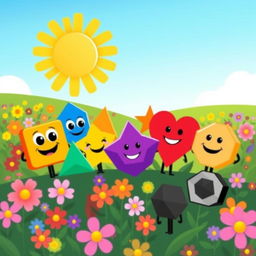 An illustration of a sunny landscape filled with vibrant flowers in a variety of colors, under a clear blue sky