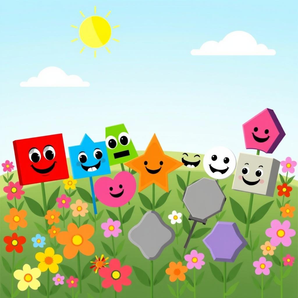 An illustration of a sunny landscape filled with vibrant flowers in a variety of colors, under a clear blue sky