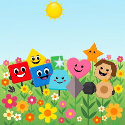 An illustration of a sunny landscape filled with vibrant flowers in a variety of colors, under a clear blue sky
