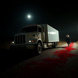 A white truck in the foreground at night, illuminated by moonlight, with a woman with very short white hair, draped to one side, running away in the background down a blood-drenched path
