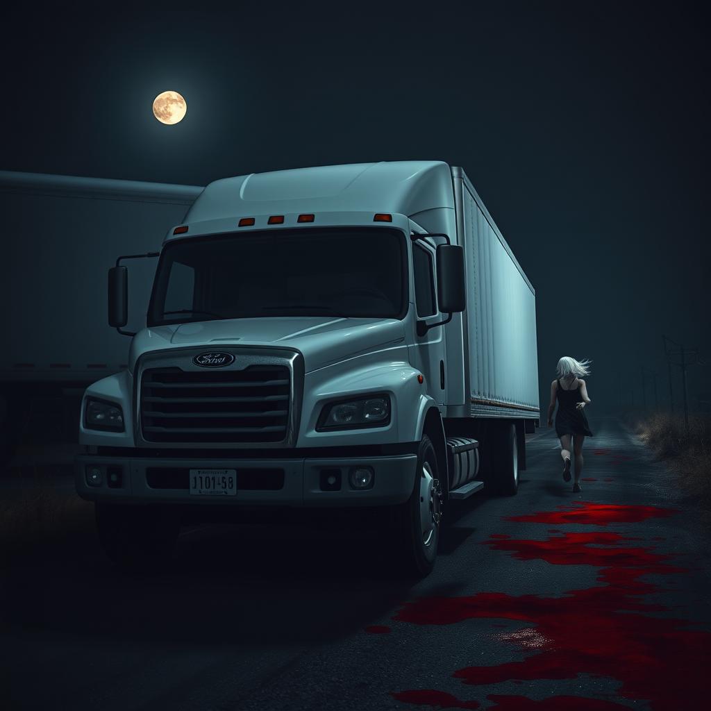A white truck in the foreground at night, illuminated by moonlight, with a woman with very short white hair, draped to one side, running away in the background down a blood-drenched path
