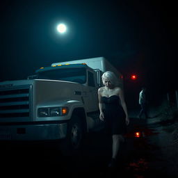 A white truck in the foreground at night, illuminated by moonlight, with a woman with very short white hair, draped to one side, running away in the background down a blood-drenched path