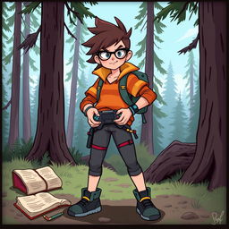 A dynamic illustration of a fierce gamer in a trendy gaming outfit, standing confidently in the woods of Gravity Falls, Oregon