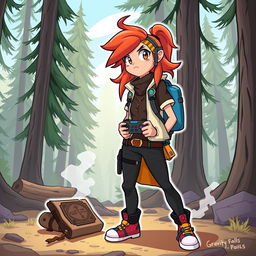 A dynamic illustration of a fierce gamer in a trendy gaming outfit, standing confidently in the woods of Gravity Falls, Oregon