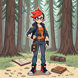 A dynamic illustration of a fierce gamer in a trendy gaming outfit, standing confidently in the woods of Gravity Falls, Oregon