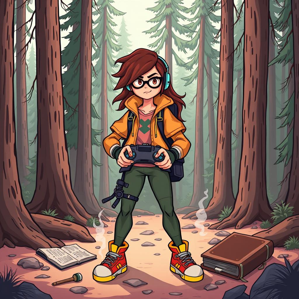 A dynamic illustration of a fierce gamer in a trendy gaming outfit, standing confidently in the woods of Gravity Falls, Oregon