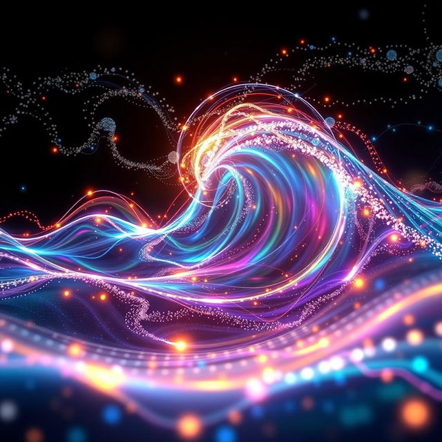 A visually stunning and realistic depiction of quantum waves, showing intricate patterns and vibrant colors that represent the wave-like nature of particles at a quantum level