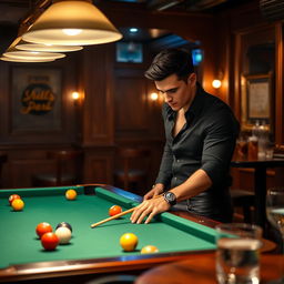 A skilled male billiards player, focused and determined, standing confidently at a pool table