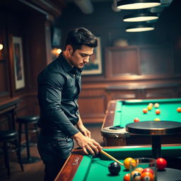 A skilled male billiards player, focused and determined, standing confidently at a pool table