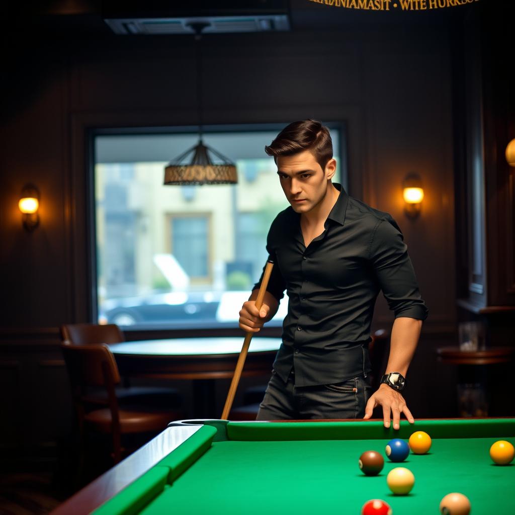 A skilled male billiards player, focused and determined, standing confidently at a pool table